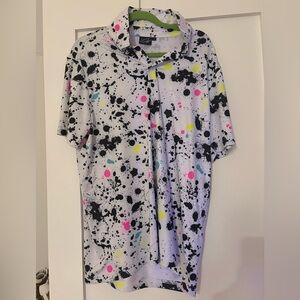Sunday Swagger Men's White Paint-Splash Polo with Neon Accents